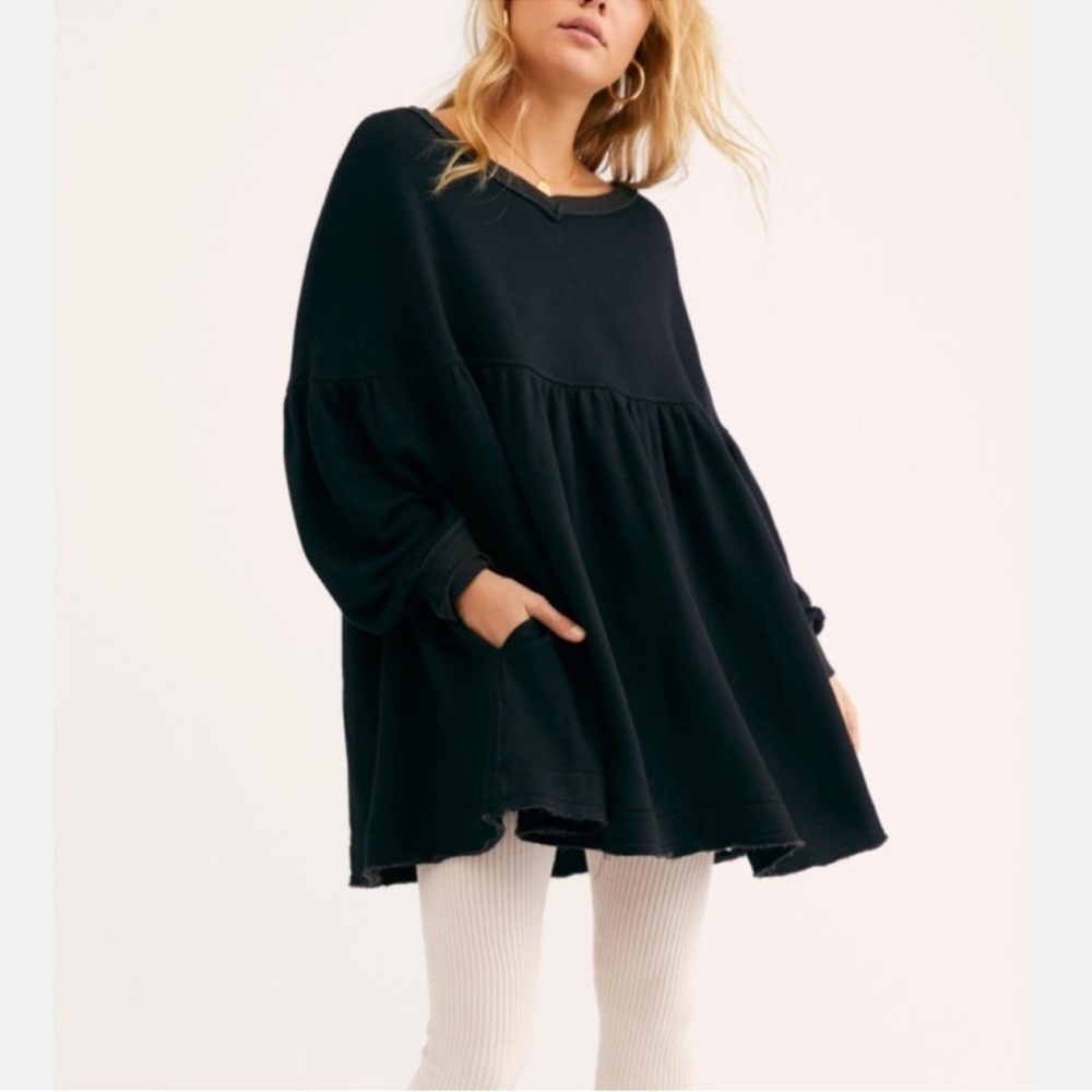 EUC Free People Black Long Sleeve Terry Sweatshirt Dress Pockets Small Oversized
